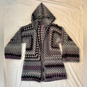 Handmade Black, Purple, Gray Variegated Crochet Hooded Cardigan